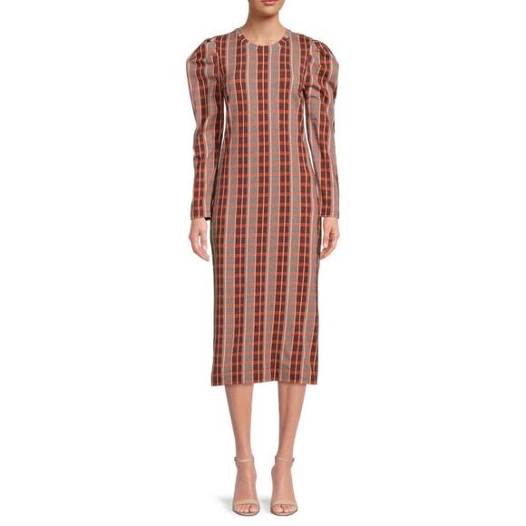Tanya Taylor Nancy Puff Long Sleeve Maroon Multi Plaid Midaxi Shift Dress Size M - Picture 1 of 10